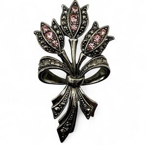 Vintage Avon Pink Rhinestone Tulip Flower Bouquet Bow Faux Marcasite Brooch Pin